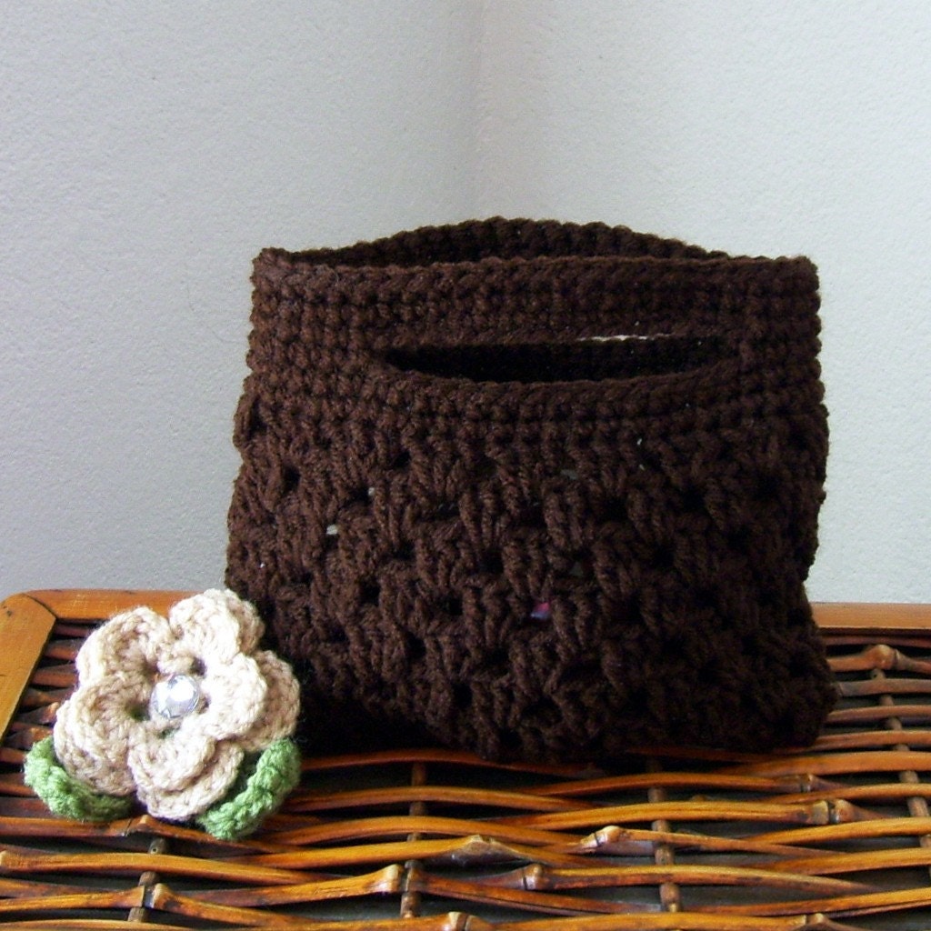 Use code FRENZYSPECIAL for 25% OFFCrocheted Coffee Clutch  Purse with Removable Buff Crochet Flower, Gem Button Center