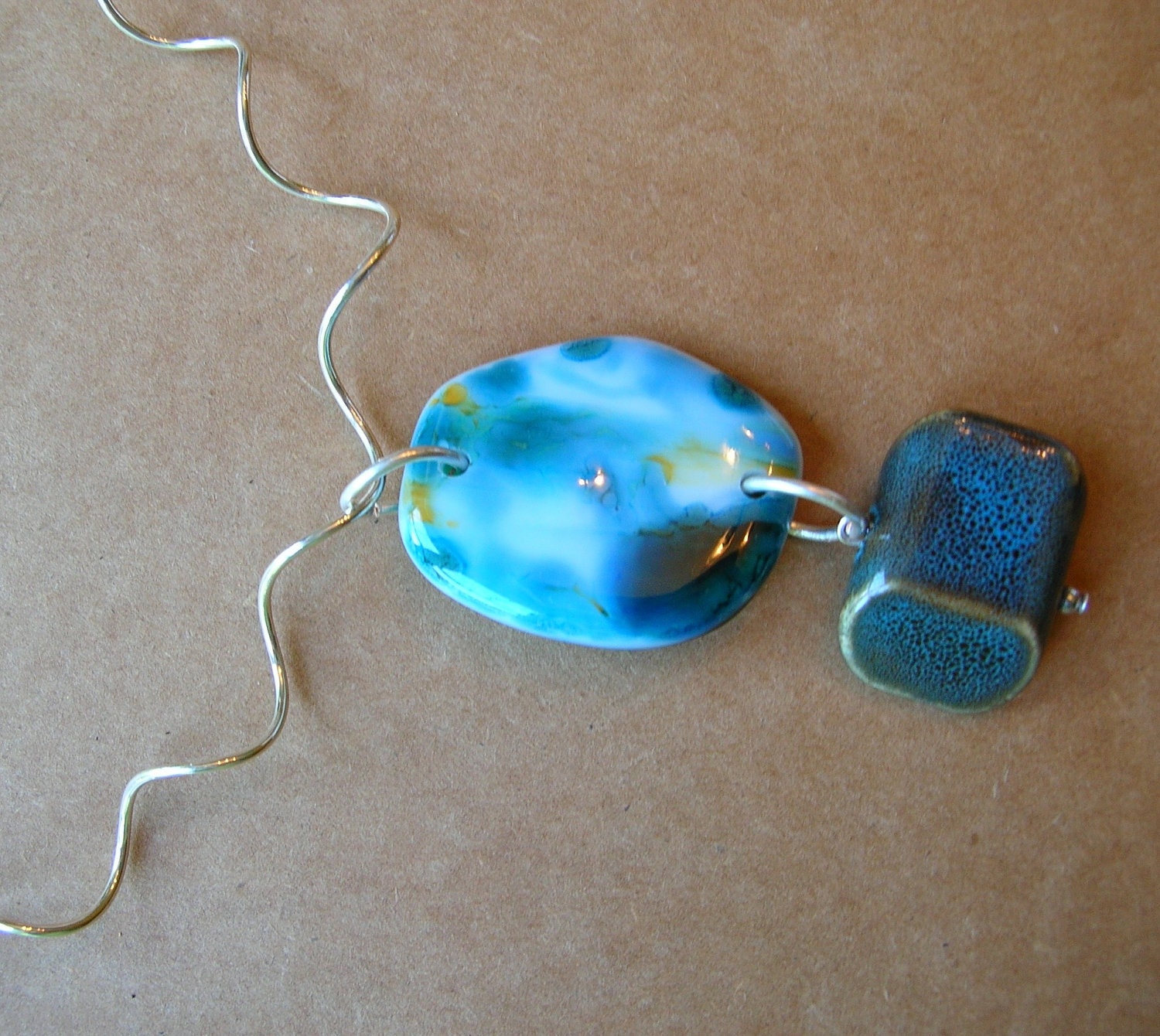 Necklace Fused Glass and Blue Ceramic Pendant Shaped Wire Necklace