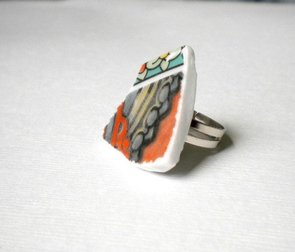 Turquoise Accents Broken China Ring