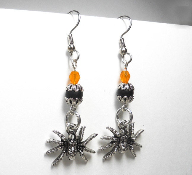 Halloween earrings Gothic Spider Orange, black, and silver
