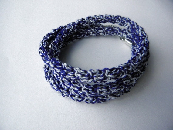 Crochet bracelet made of cotton blue and gray color