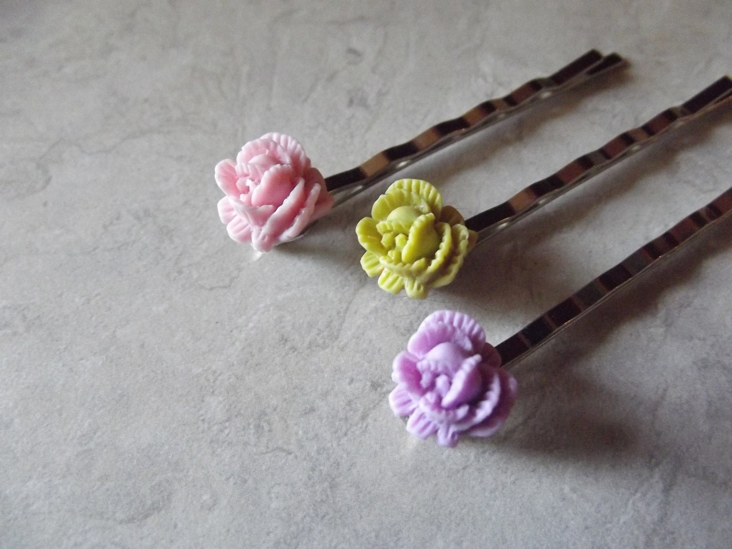 Flower Hair Pins, Pink, Green, Lavender