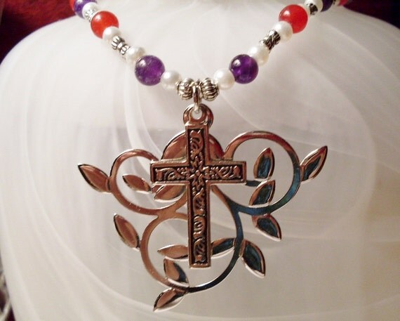 Cross and Vine Pendant Necklace with Pearls, Carnelian and Amethyst
