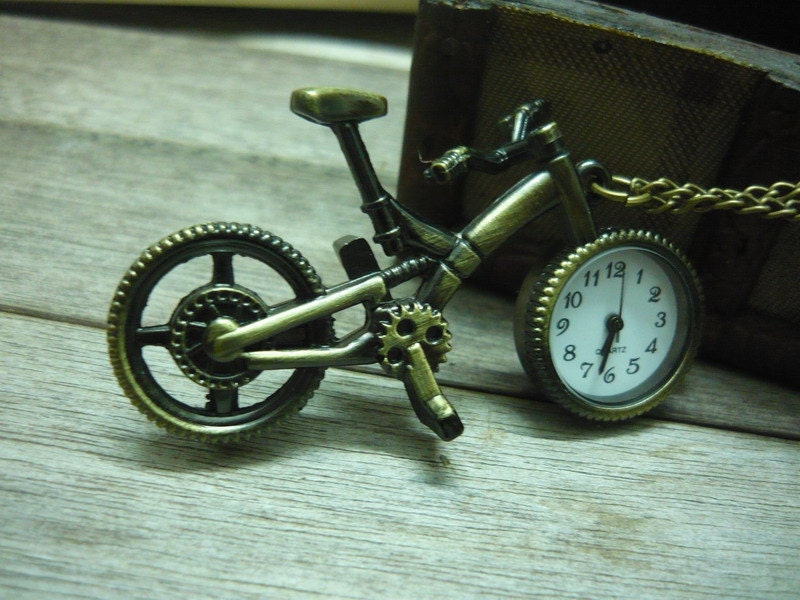 Pocket locket watch necklace with retro copper bike pendan / additional leather chain FOR FREE