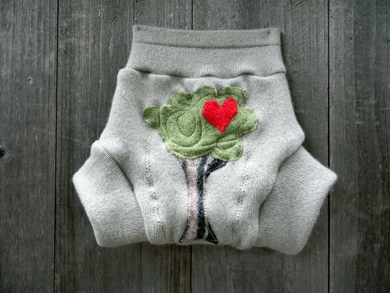 Upcycled Cashmere Soaker Cover Diaper Cover With Added Doubler Sage Green With I Love Tree  Applique SMALL  Kidsgogreen