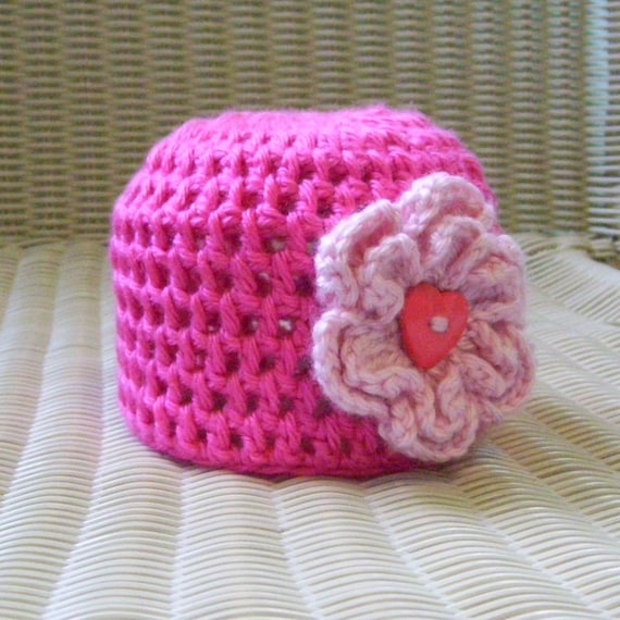 Newborn Beanie Hat with Flower and Heart Button