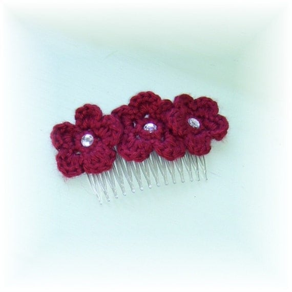 Hair Comb Red Flowers Crocheted