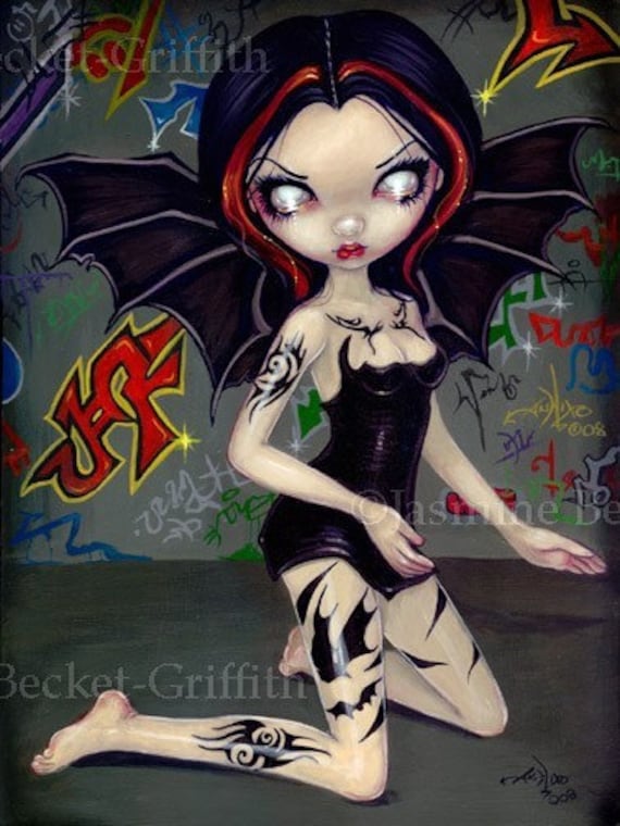 Bat Tattoos gothic urban tribal fairy graffiti art print by Jasmine 