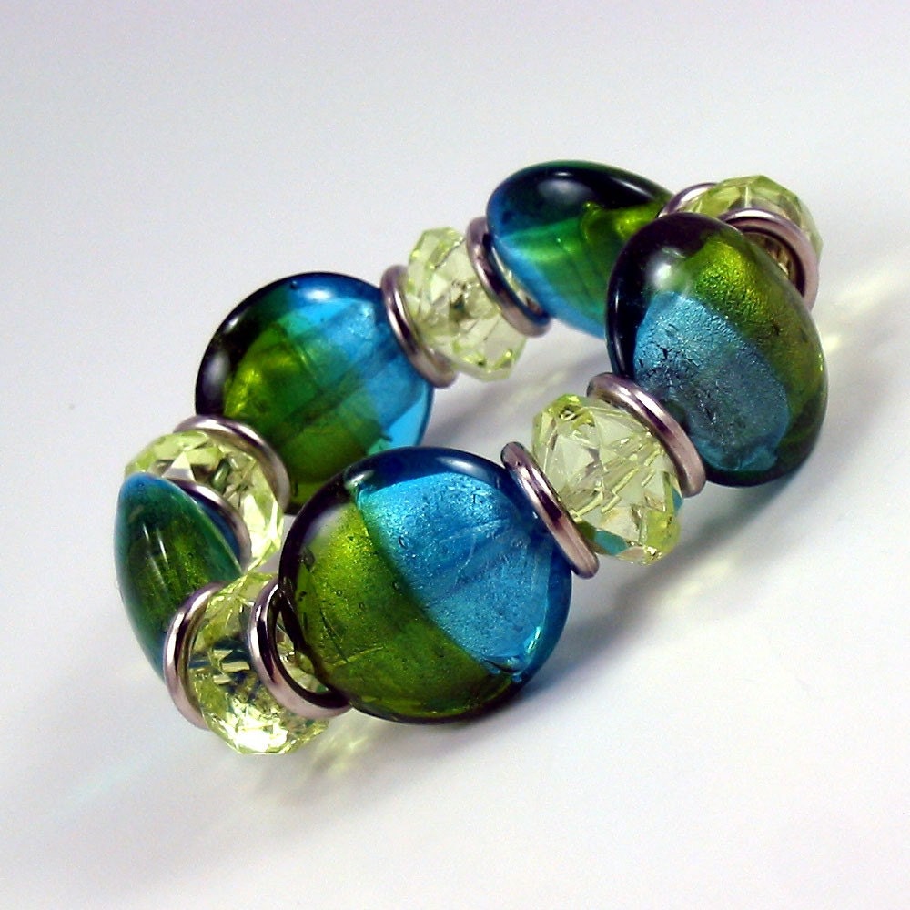 Blue Green Foiled Glass Bead Bracelet - Fantastic Foil