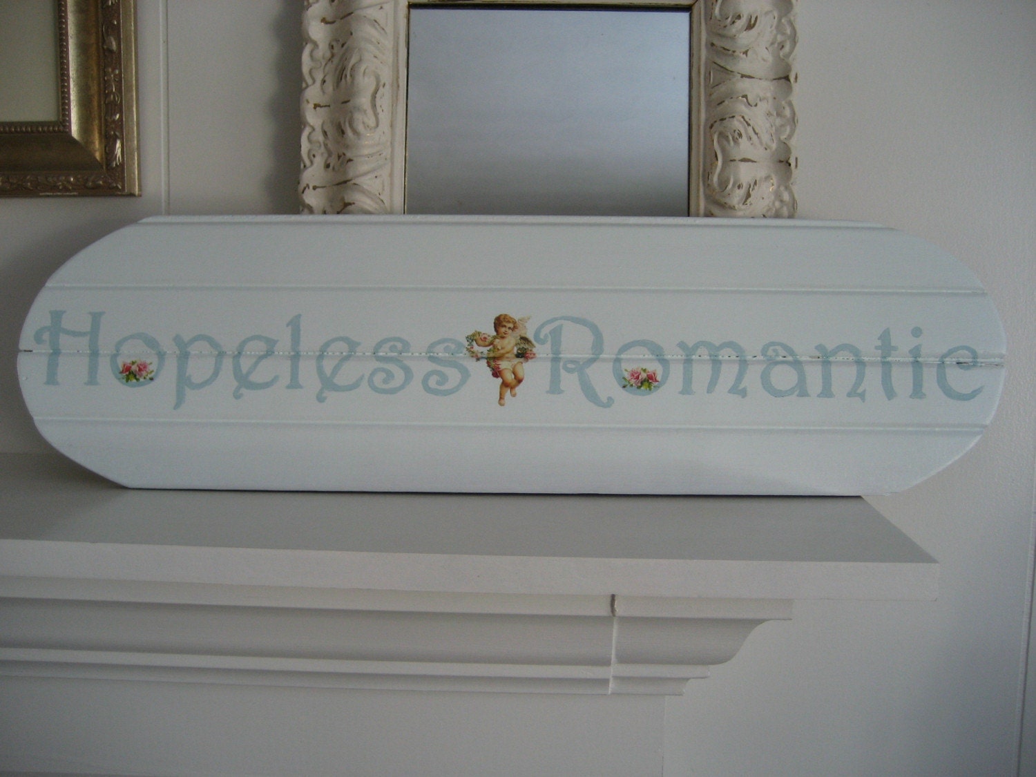 Vintage Beadboard Sign - Hopeless Romantic - Pale Aqua with Roses and Cherubs