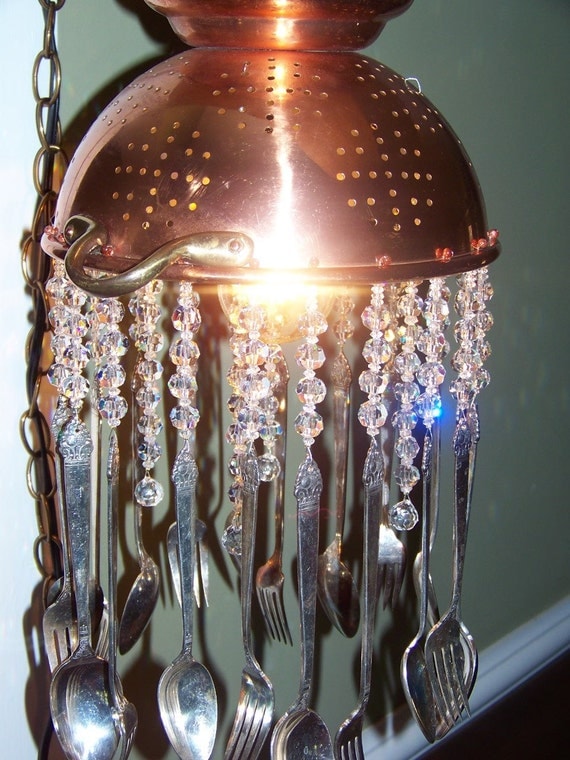 Gorgeous and Unique Copper and Crystal Colander Chandelier
