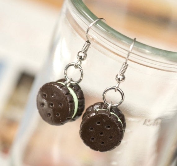 CLEARANCE SALE Roscata Mint Oreo Cookies Earrings Handmade Polymer Clay Food Jewelry