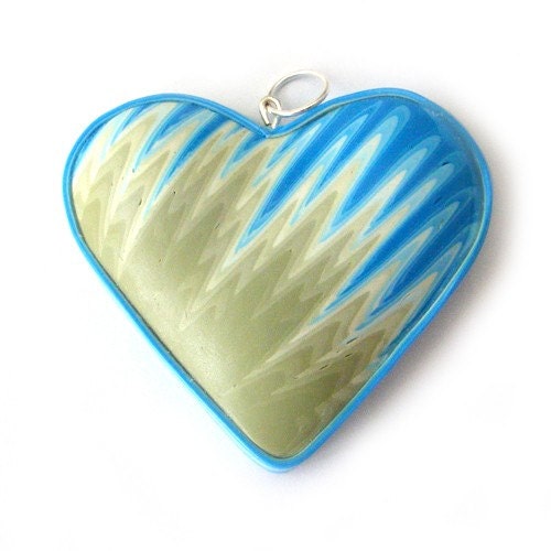 Polymer Clay Heart Pendant in Turquoise and Green Flames