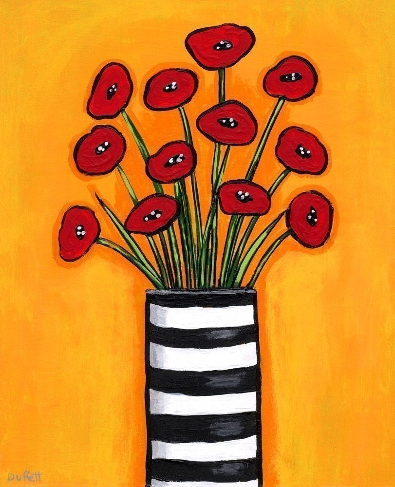 Red Poppies in Striped Vase - Print