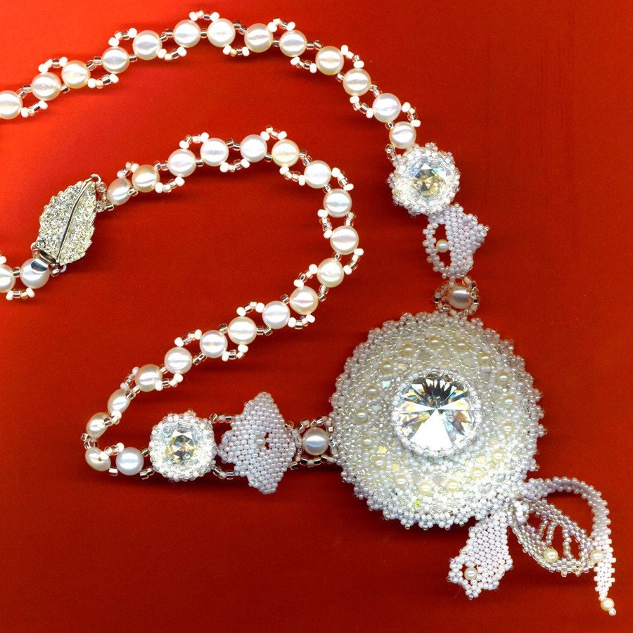 Snow White is Getting Married -  Beadwoven Bridal Necklace with Rivoli Stones Moonlight
