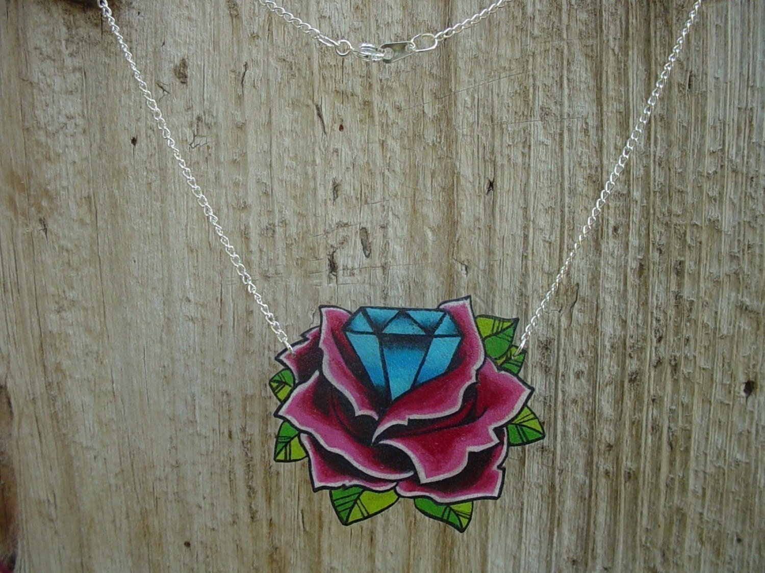 vintage tattoo inspired rose and diamond necklace