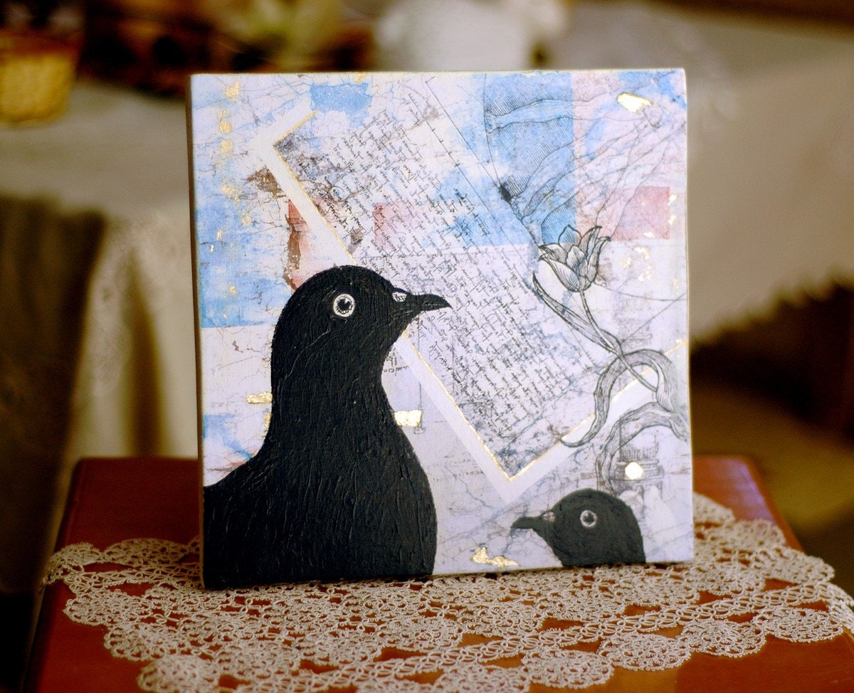 BLACK BIRDS - MIXED MEDIA ART ON WOOD PANEL - SIZE 10 INCHES X 10 INCHES - recycled  wood panel - PAINTING ,ACRYLICS, GOLD LEAFING AND silkscreen - One of a Kind Art
