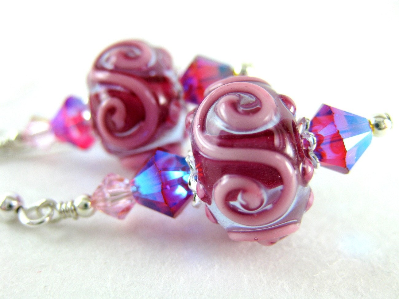 Cerise Pink Lampwork Indian Red Crystal Earrings Handmade - Pomegranates