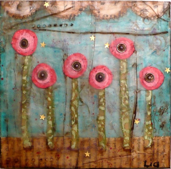 6x6 Beeswax Painting..Flower Snaps..Primitive encaustic Mixed Media piece