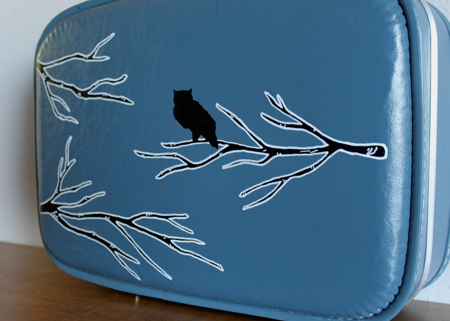VINTAGE
                                    blue MINI SUIT CASE with hand painted owl on branch - Night Owl