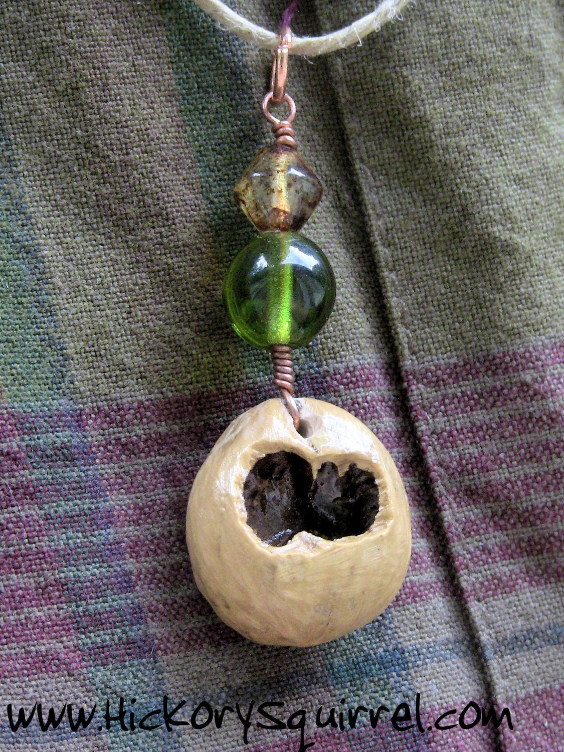 SQUIRREL Chewed  Hemp Necklace w/ Green and Amber Beads
