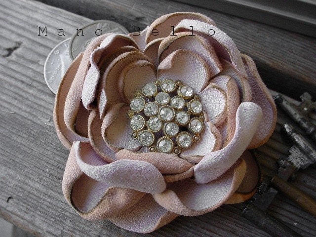 Romantic Pastel Leather Flower Brooch Antique rhinestones pink READY