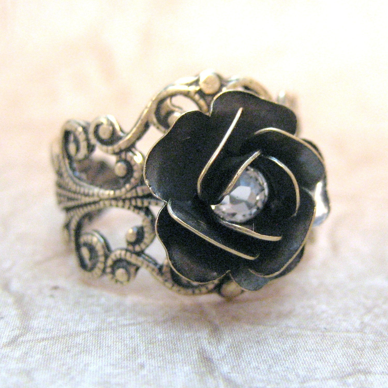 Steampunk Rose Ring - Neo Victorian Gold Tone Filigree Jewelry - Handmade and Designed by A Second Time