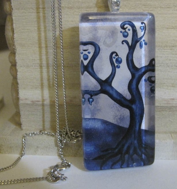 Winter Blue Tree Glass Pendant