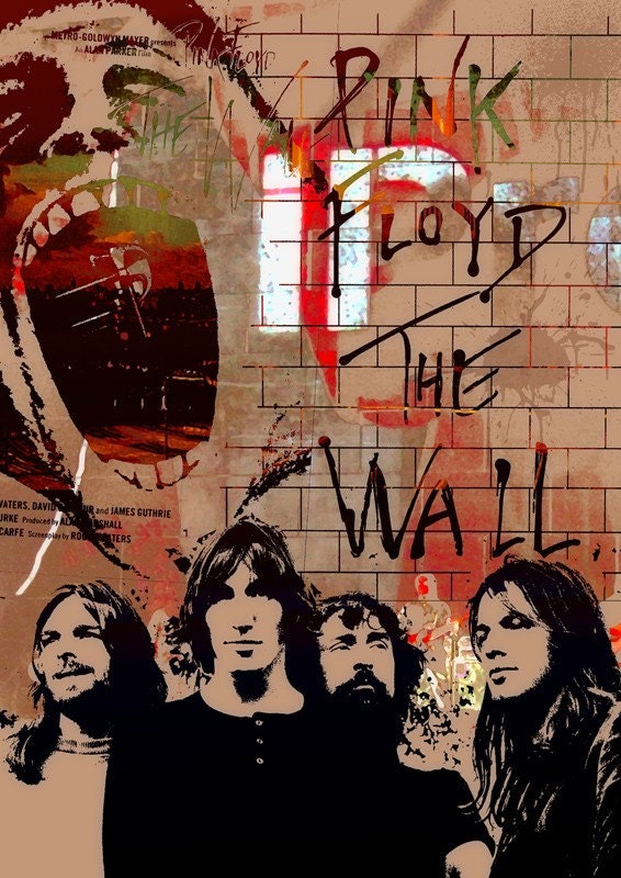 Mixed media Music poster fine art - Pink Floyd- The wall  - size 11,69 X 16,535 inches in brown red gold tones by Artistico Handmade Wall Decor