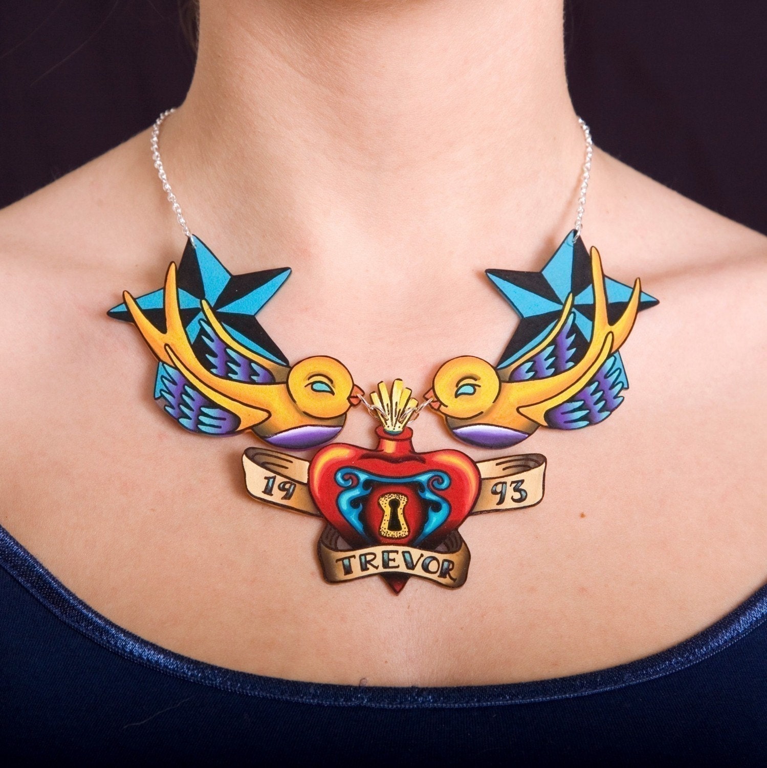 Swallows Protecting Locked Sacred Heart Chest Piece Tattoo Necklace