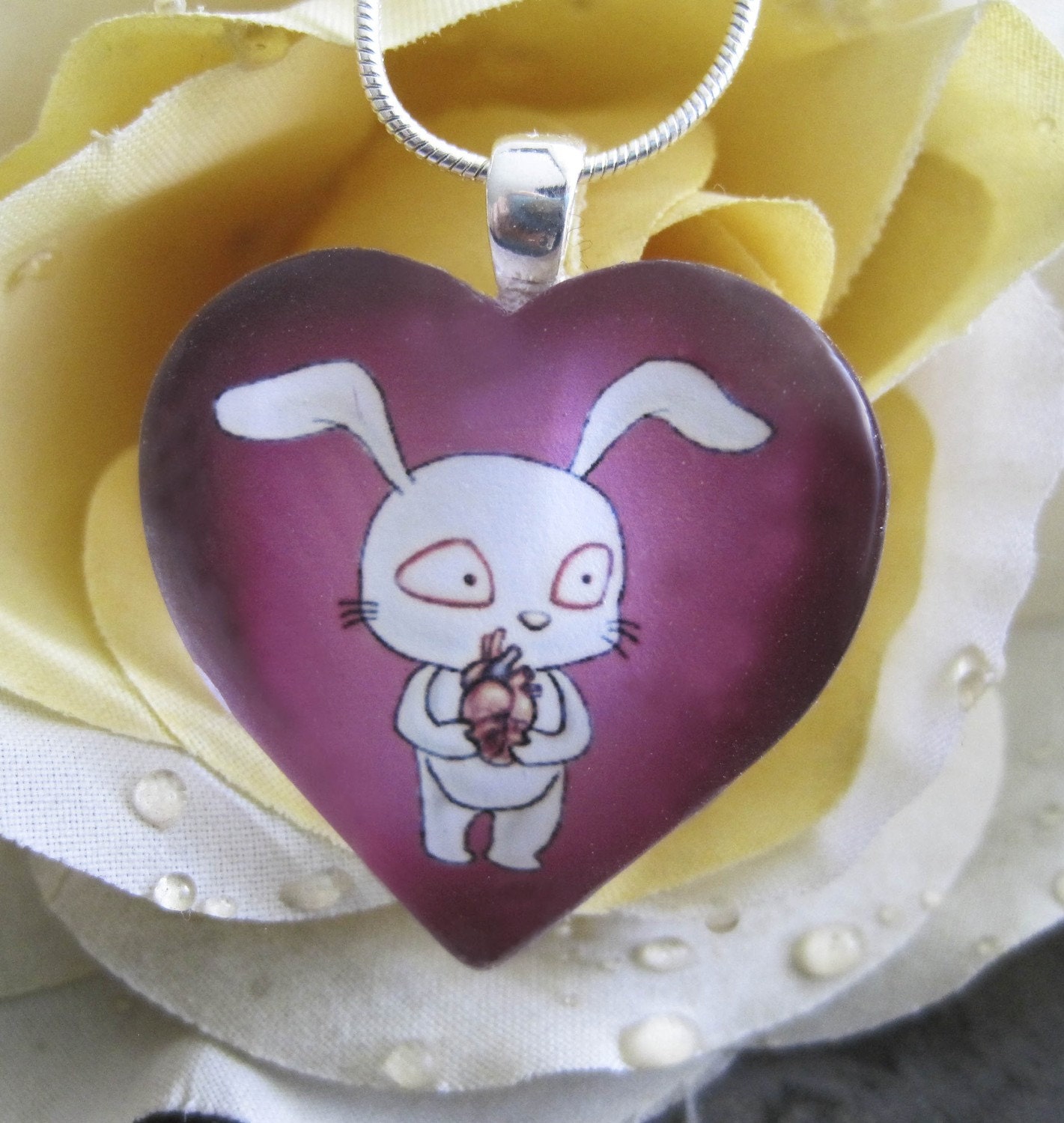 Bunny Love Glass Heart  Shaped Pendant
