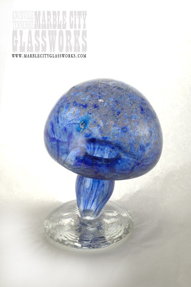 Blue Speckled Hand Blown Glass Mushroom