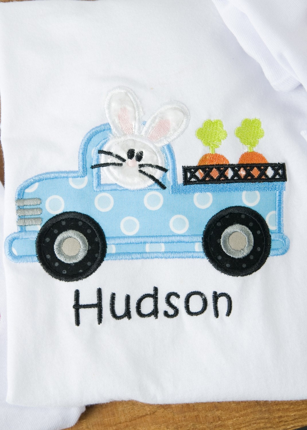 Appliqued, Personalized, Custom Boutique Truck Driving Bunny with Carrots.  Perfect for Easter Monogrammed