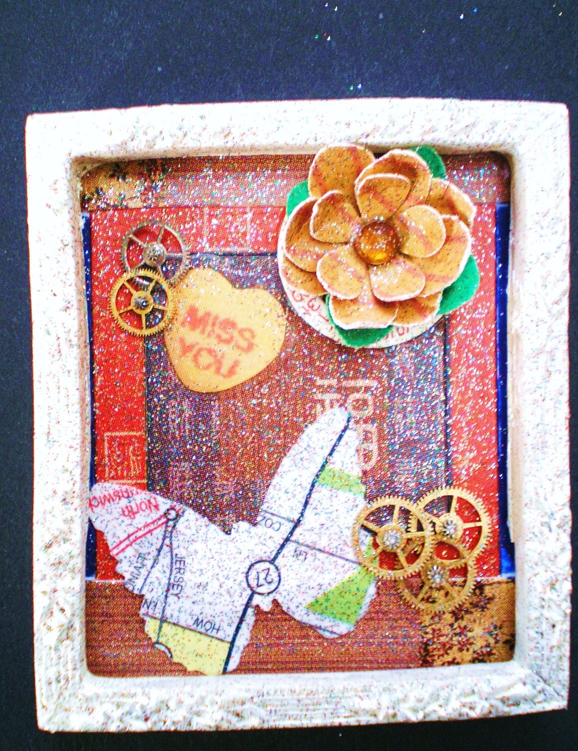 Time Is Long  - Tiny Collage Mixed Media OOAK Framed Signed with Jewels Flower Heart Butterfly Watch Parts