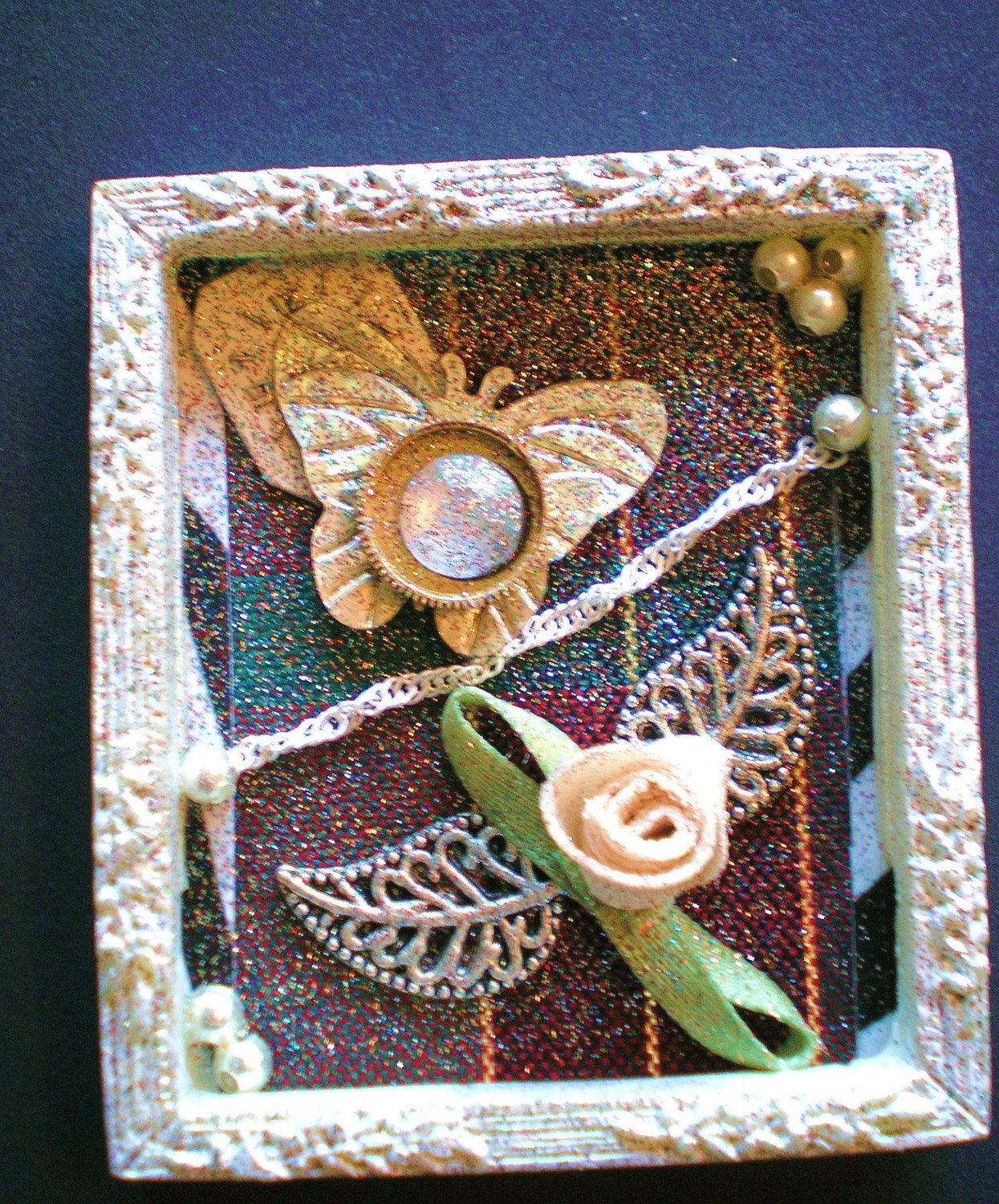 IMMEMORIAL  - Tiny Collage Mixed Media OOAK Framed Signed with Beads Flowers Silver Chain