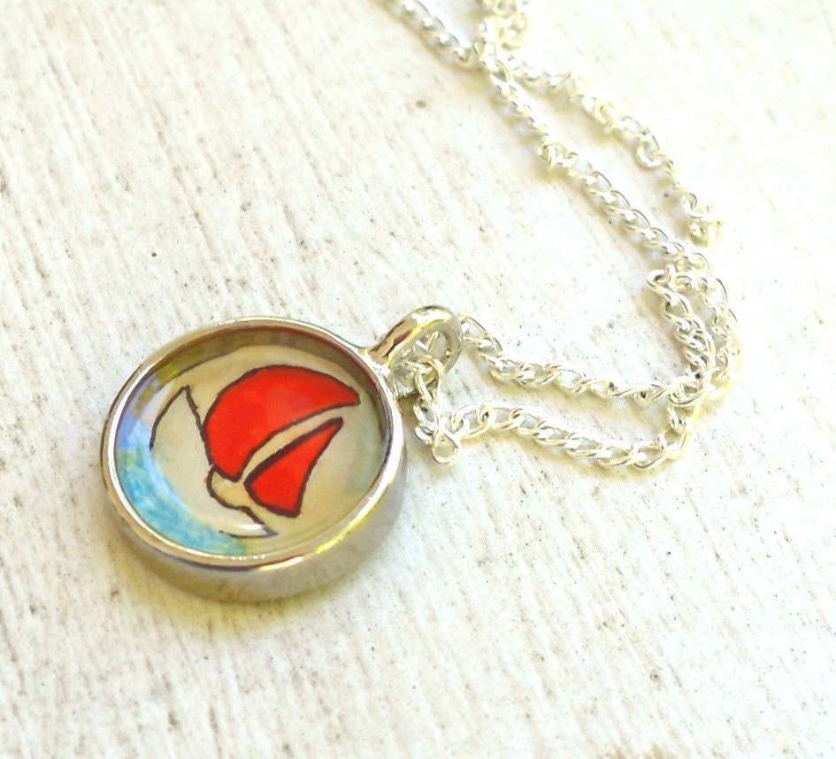 hand painted necklace, original watercolor pendant, Boat with Red Sails