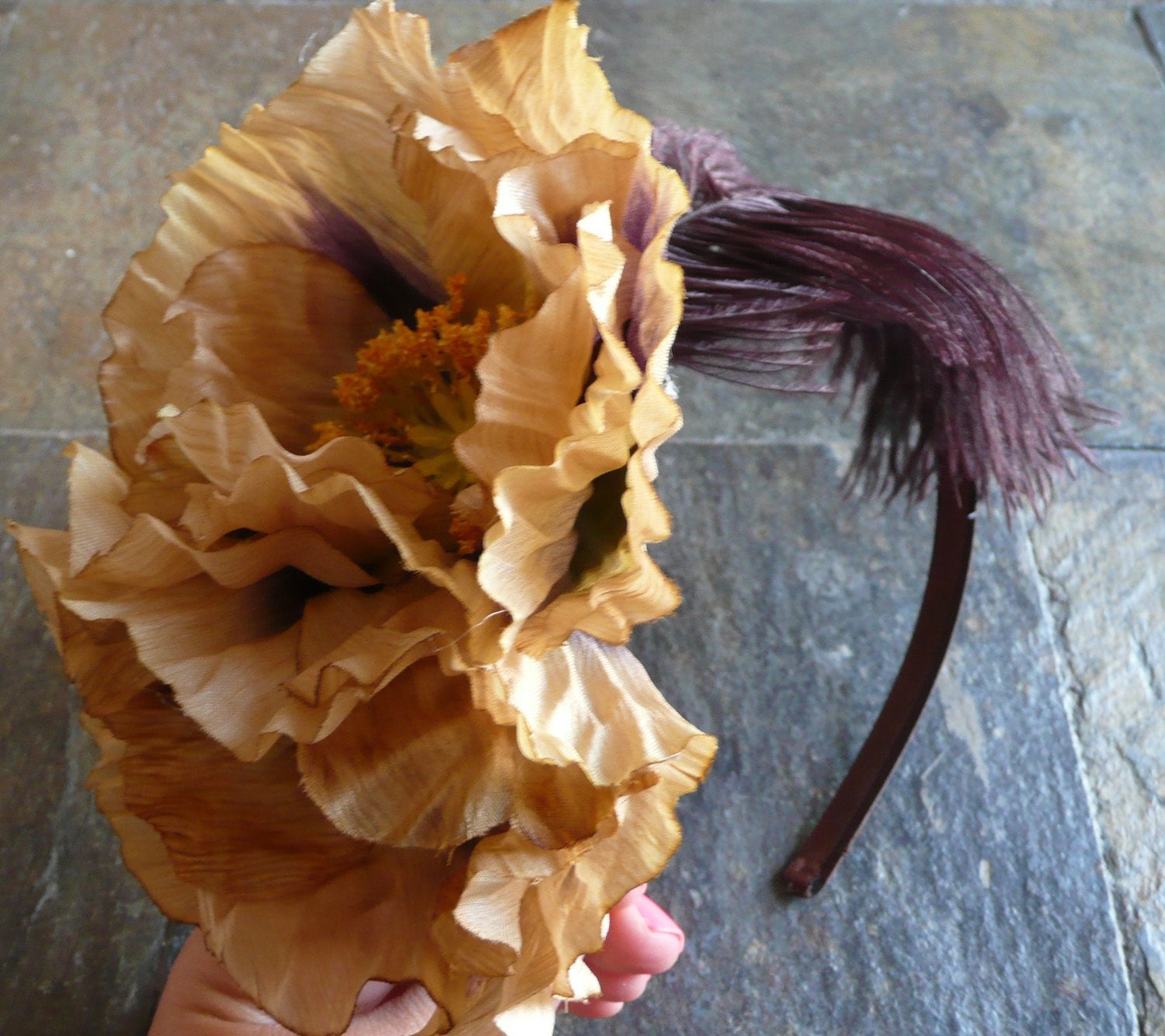 Geraldine- 2 large Tan Poppy w/ Dark Purple Feather on a Dark Brown Satin Headband- Free Worldwide Shipping