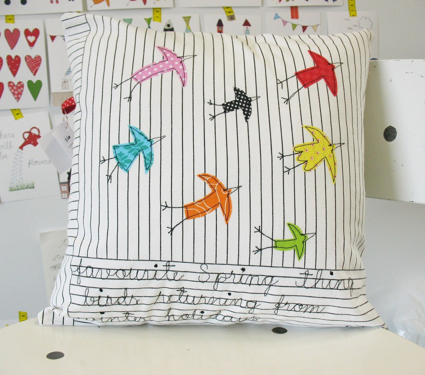 Favourite Spring thing - birds - appliquéd cushion cover