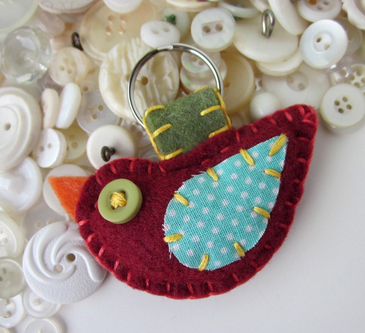Felt Bird Keychain Tweet Cute Embroidery Maroon Aqua