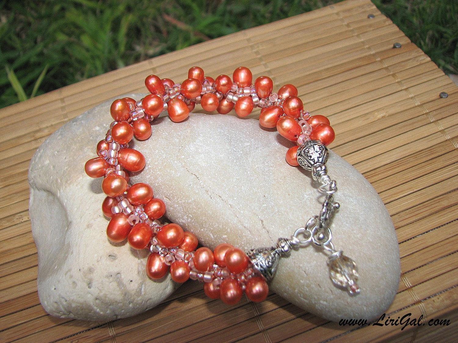 Orange Pearls Beaded Crocheted Bracelet.