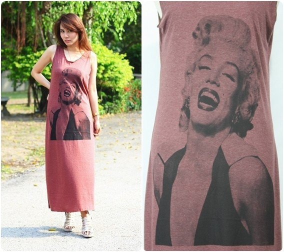 Red Maxi Dress Long vest tshirt Screen Printing Marilyn Monroe - Promotion 50% Off shipping