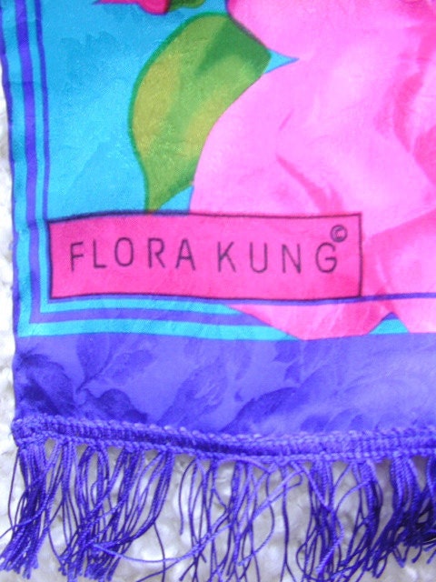 Vintage Flora Kung Long Bright Summer Cabbage Roses Silk Scarf with Fringe
