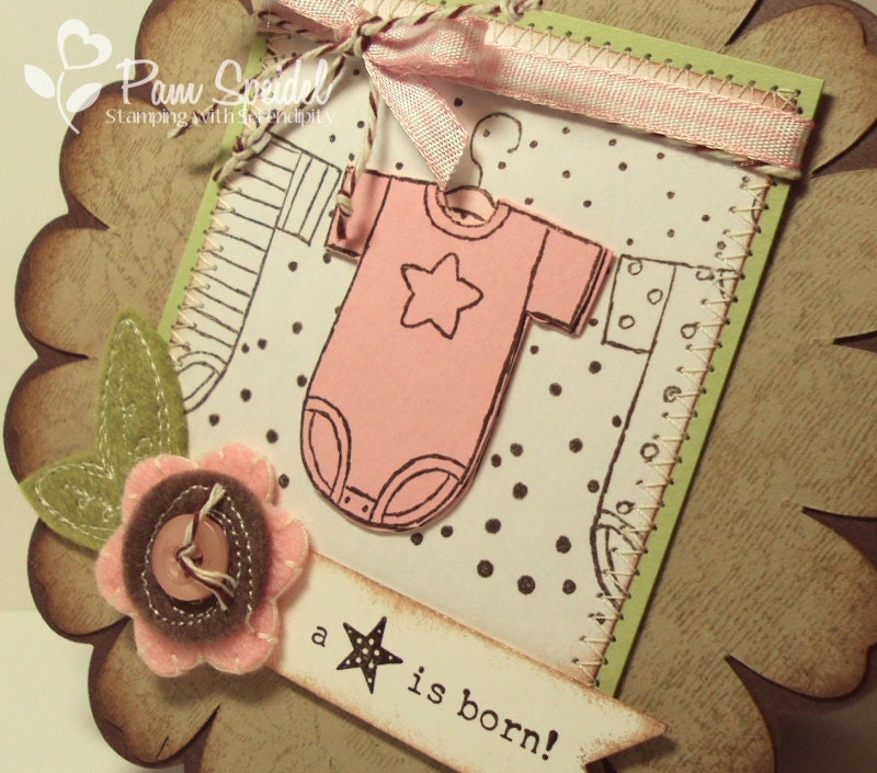 Handstamped Stitched Baby Girl Congratulations Card