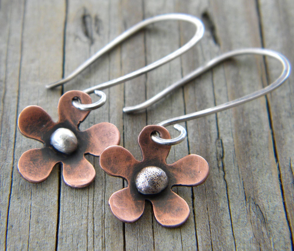 earrings. copper flower, sterling silver, mixed metals, organic, nature