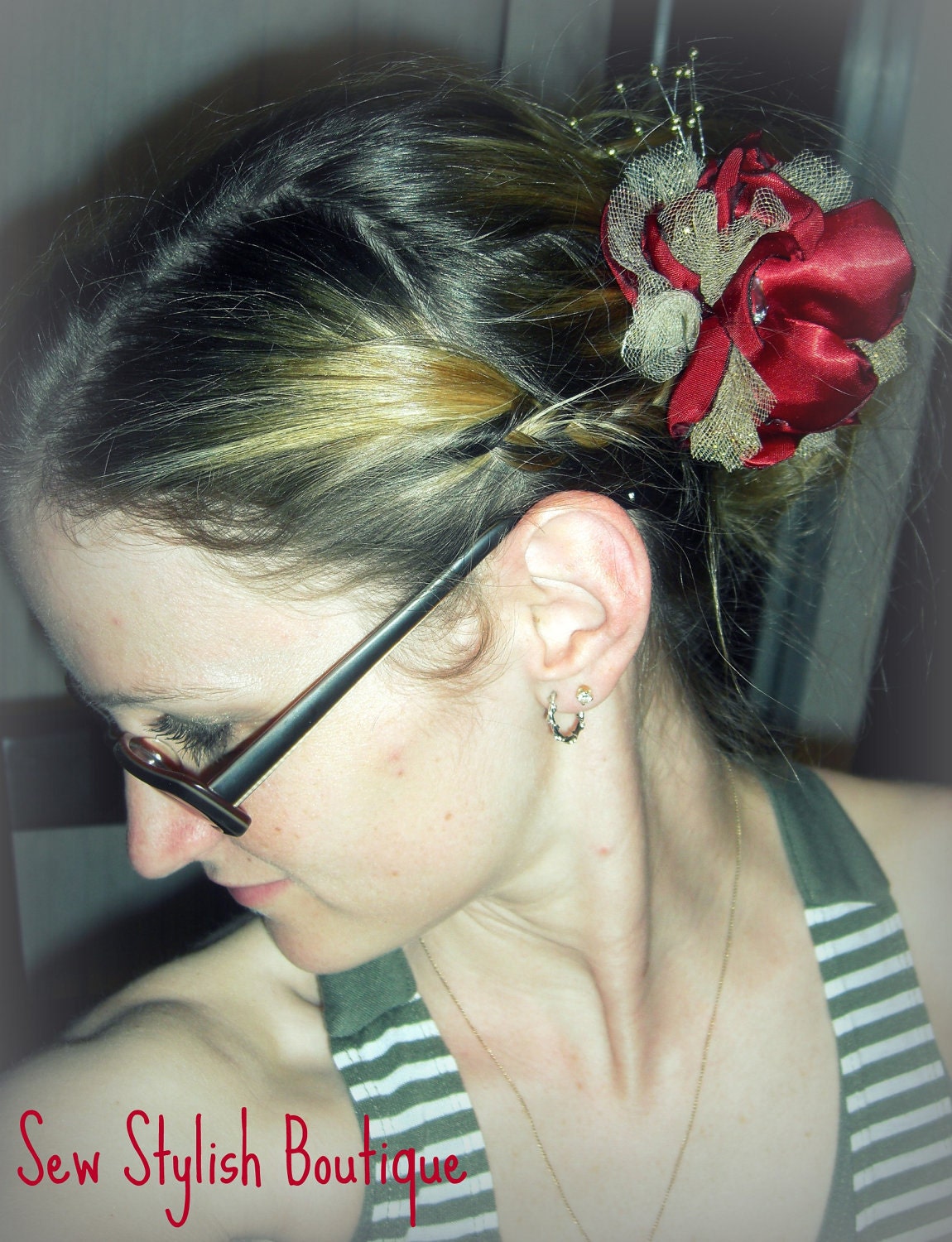 Elegant Red and Gold Flower Headband, can also be worn in an up do or as a necklace