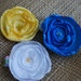 3 Fabric Flower Hair Accessories on Alligator Clips - White, Blue and Yellow