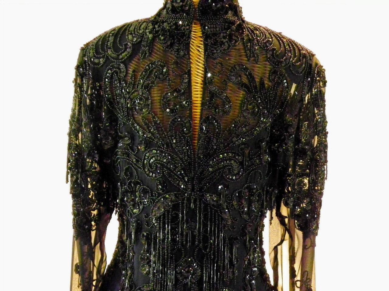 Vintage Silk Black Sheer Bodice Open Back Chandelier Beading Sequins Evening Gown Floor Length Size 12 on Etsy