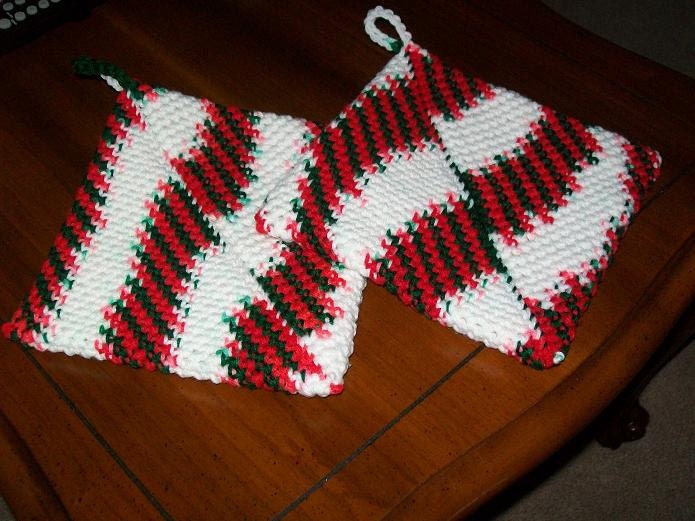 Double Thick Crocheted Hot Pads  Set of 2 in Christmas Colors