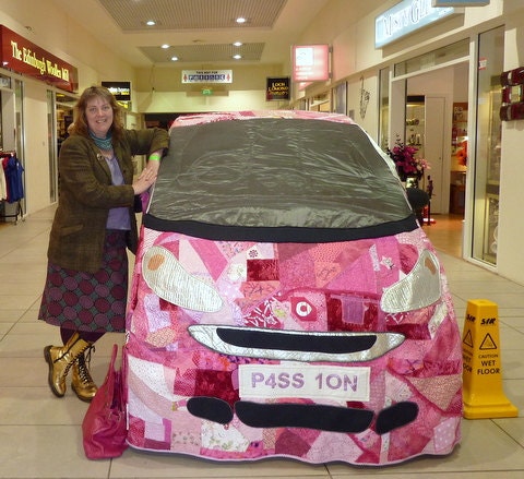 Pink Patchwork Car Cover for a SMART FOUR TWO car made with with fabrics donated by Celebrities