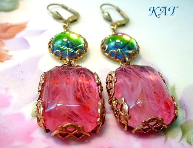Romancing The Colors - Filigree Brass and Colorful and Pink Glass Earrings - Katofmanycolors